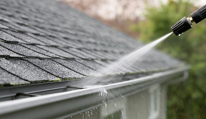 Pressure washer being used to clean a residential gutter