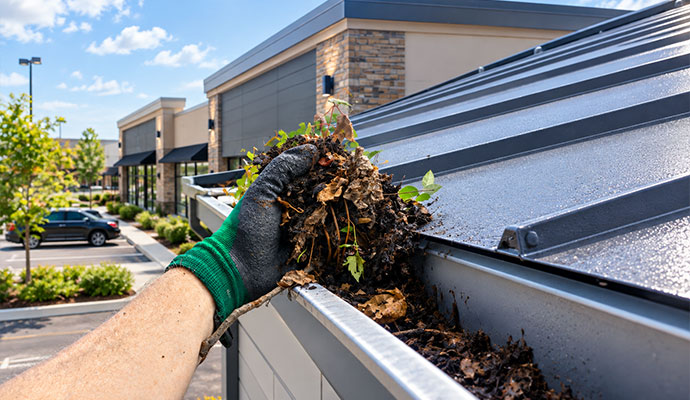 Professional debris removal service from gutter system of a retail building