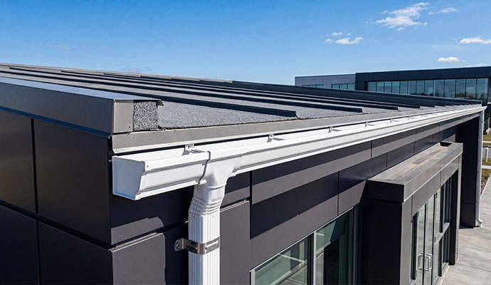 Retail building with installed clean gutter system