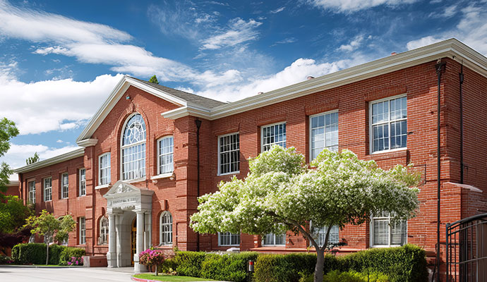 School building exterior with clean gutter system
