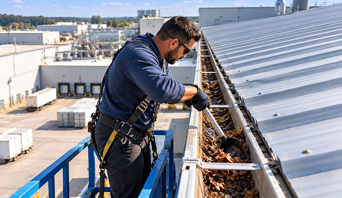 Seasonal gutter cleaning service for industrial gutter system
