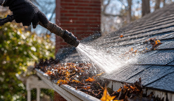Technician flushing gutter with water to clear clogs