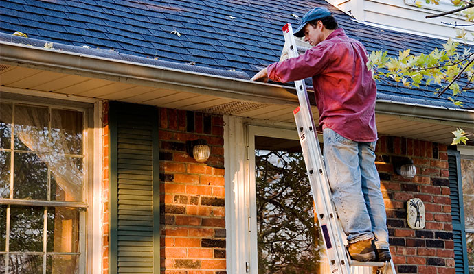 Technician inspecting and cleaning a residential rain gutter