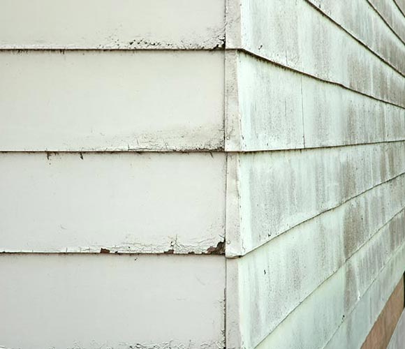 Visible siding damage from gutter overflow.