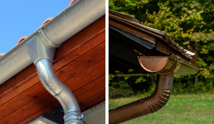 Collage of aluminum and copper half-round rain gutters with downspouts