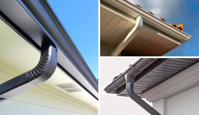 Different gutter styles and downspouts installed on residential homes