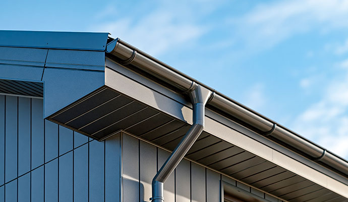 Modern dark gray half-round gutter with round downspout installed along the roofline of a residential building