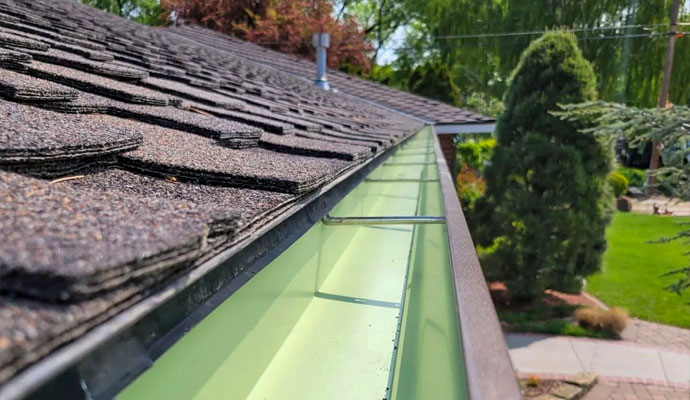 Close-up of newly installed aluminum gutter system on residential roof