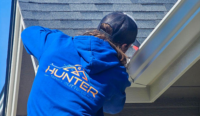 Hunter Rain Gutters technician working on a residential roof installing and securing a rain gutter