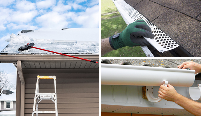 Collage showing gutter cleaning, installation, and gutter guards.