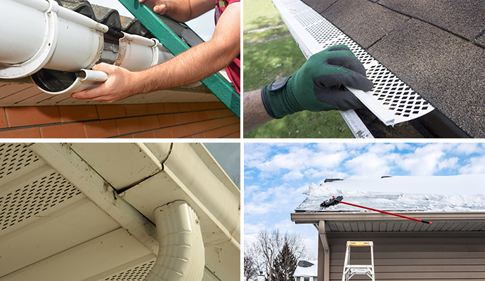 Collage of gutter installation, damage, guards, and maintenance.