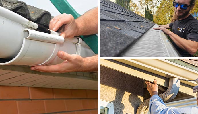 Technicians repairing residential gutters, including fixing gutter sections, adjusting gutter guards, and securing downspouts along rooflines