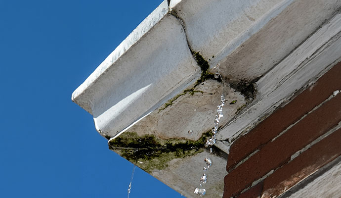 Water leaking from a roof gutter with moss buildup near the corner