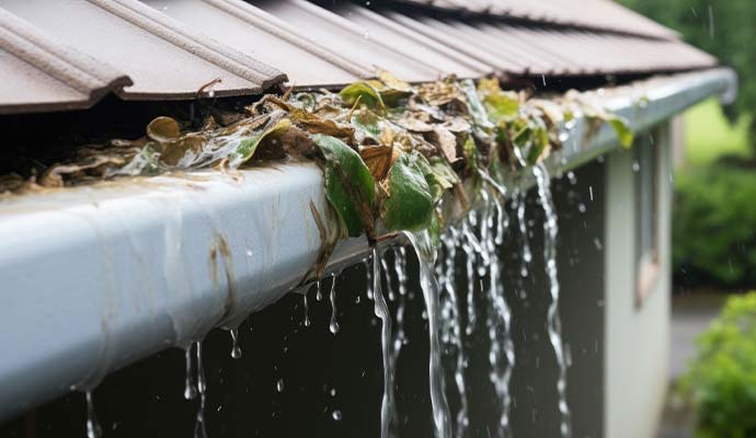 Overflowing water from gutter system due to debris and twigs