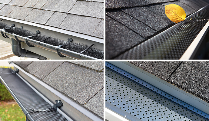 Collage showing different types of gutter guards, including brush, foam, and mesh screens.